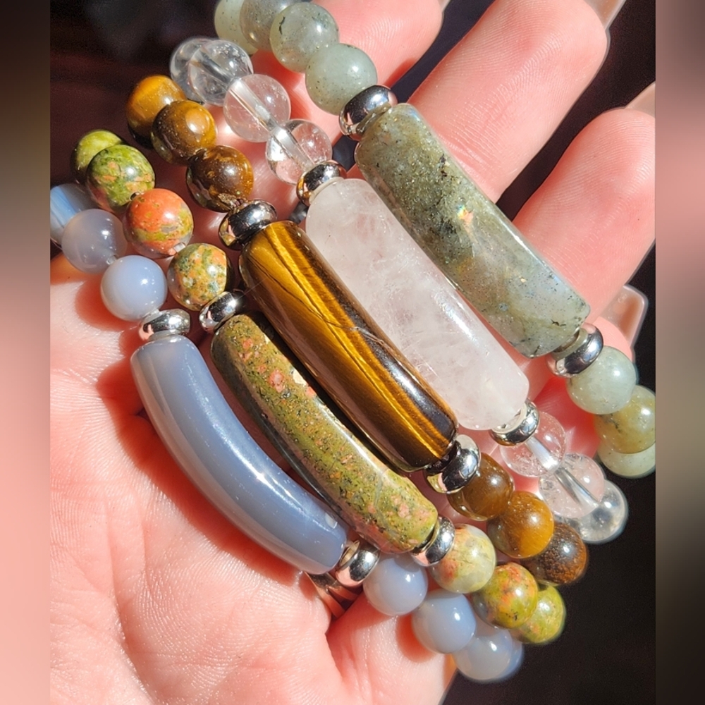 Genuine Crystal Beaded Bangle Stretch Bracelet Agate Quartz Obsidian Ruby Gem - Picture 7 of 10